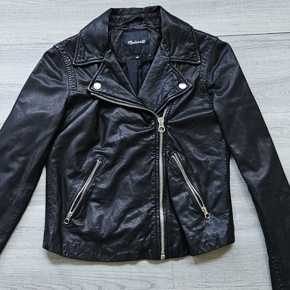 ⭐ Madewell Washed Soft Black Leather Motorcycle Moto Jacket Womens Sz Small 1220 - Picture 3 of 11